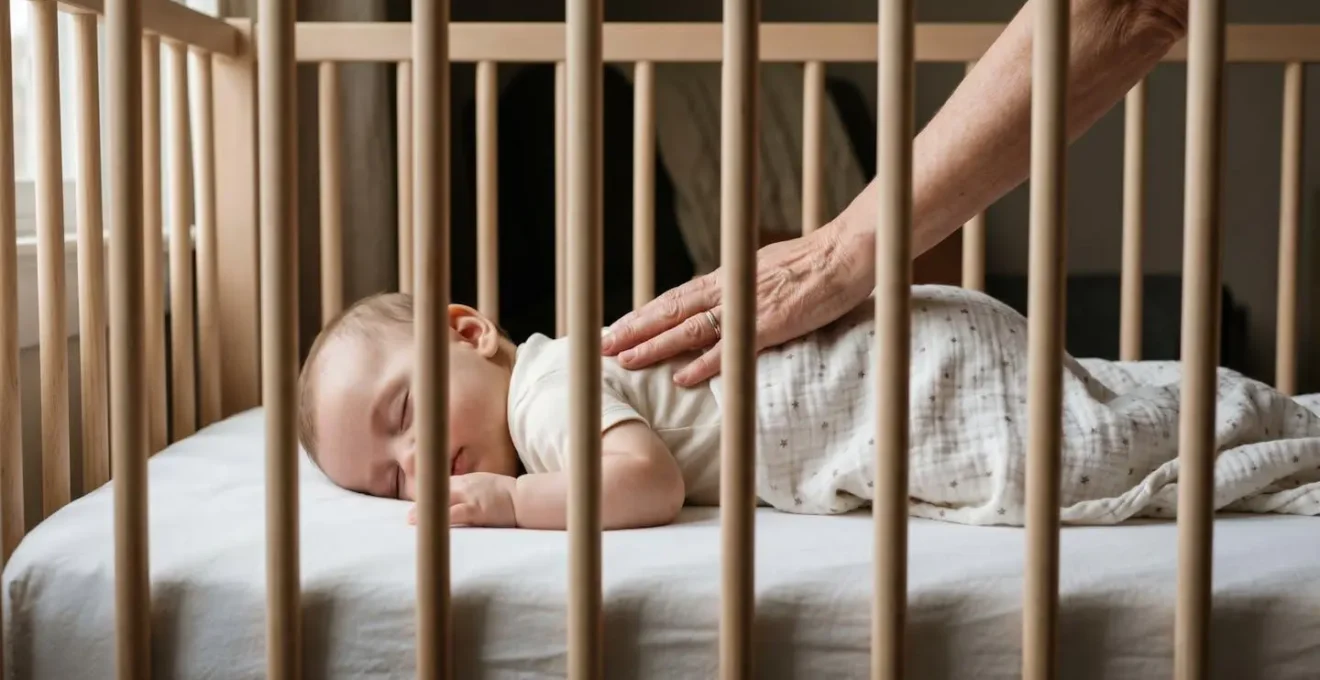 Main d'un parent posée tendrement sur le dos d'un bébé dans son lit illustrant l'intervention douce et progressive