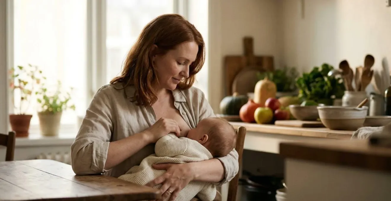Mère allaitant son bébé dans une cuisine lumineuse avec des aliments solides en arrière-plan