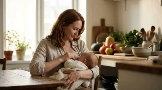 Mère allaitant son bébé dans une cuisine lumineuse avec des aliments solides en arrière-plan