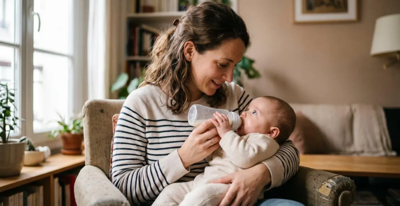 Portrait serré en lumière naturelle d'un moment de connexion entre parent et bébé pendant le biberon, regard échangé, position semi-assise respectueuse, atmosphère douce et apaisante