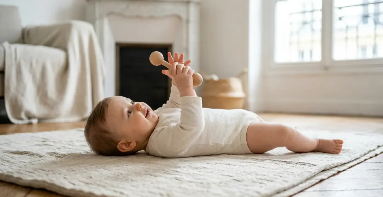 Bébé explorant librement ses mouvements sur un tapis au sol dans un espace sécurisé