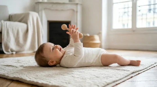 Bébé explorant librement ses mouvements sur un tapis au sol dans un espace sécurisé