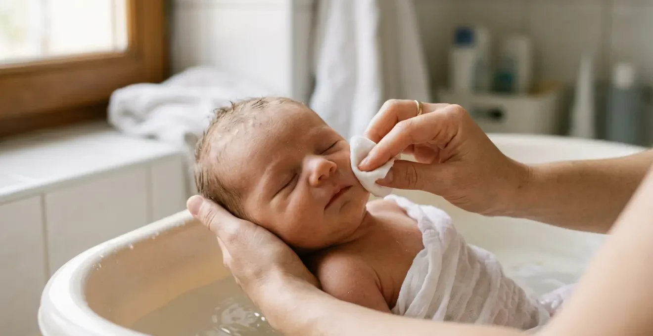 Main adulte nettoyant delicatement un nourrisson avec eau tiede