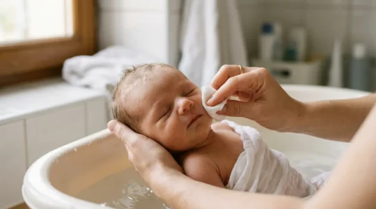 Main adulte nettoyant delicatement un nourrisson avec eau tiede