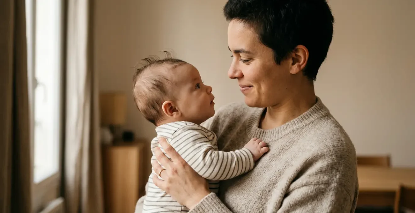 Parent regardant tendrement son bébé lors d'un moment de soin quotidien, illustrant la construction d'un lien d'attachement sécurisant