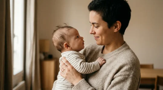 Parent regardant tendrement son bébé lors d'un moment de soin quotidien, illustrant la construction d'un lien d'attachement sécurisant