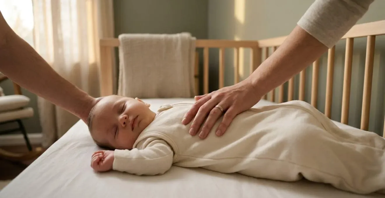 Parent accompagnant tendrement son bébé vers l'endormissement dans une ambiance douce et apaisante