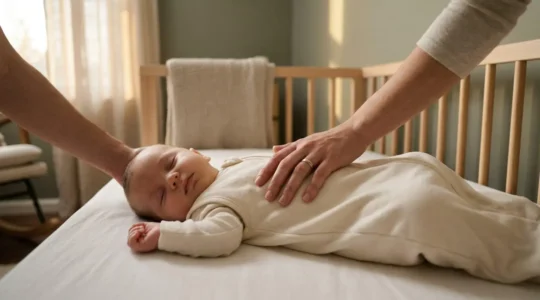 Parent accompagnant tendrement son bébé vers l'endormissement dans une ambiance douce et apaisante