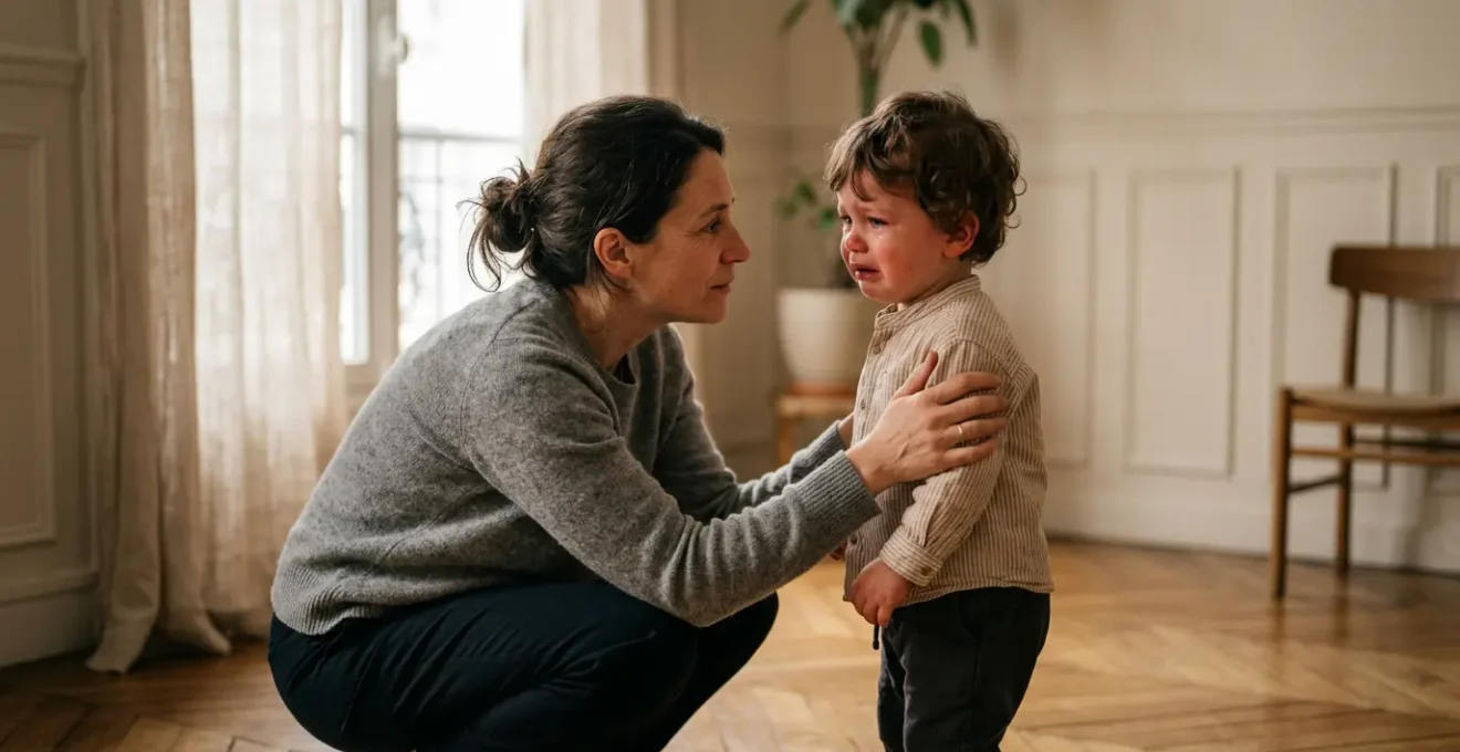 Parent s'accroupissant pour établir un contact visuel avec son enfant en pleine crise émotionnelle
