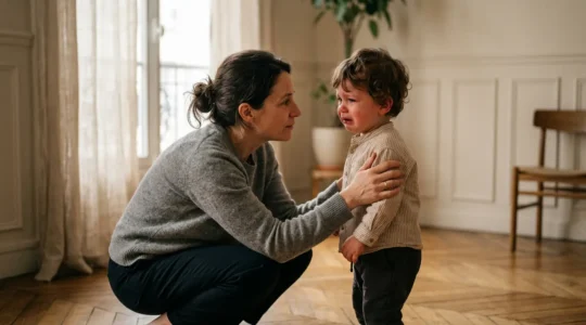 Parent s'accroupissant pour établir un contact visuel avec son enfant en pleine crise émotionnelle