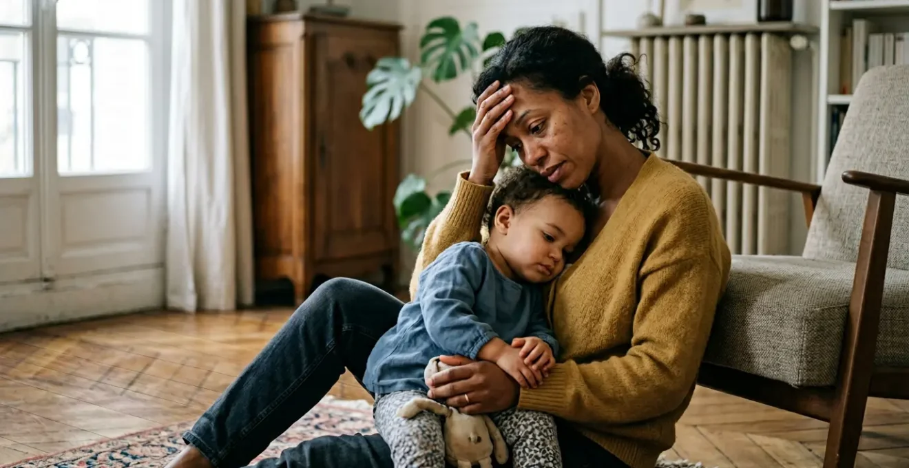 Parent tenant la main de son enfant dans un moment de connexion bienveillante malgré l'épuisement