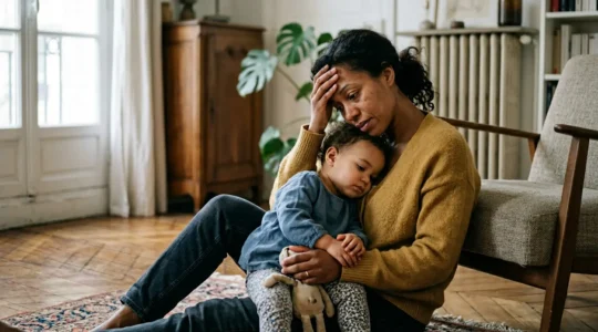Parent tenant la main de son enfant dans un moment de connexion bienveillante malgré l'épuisement
