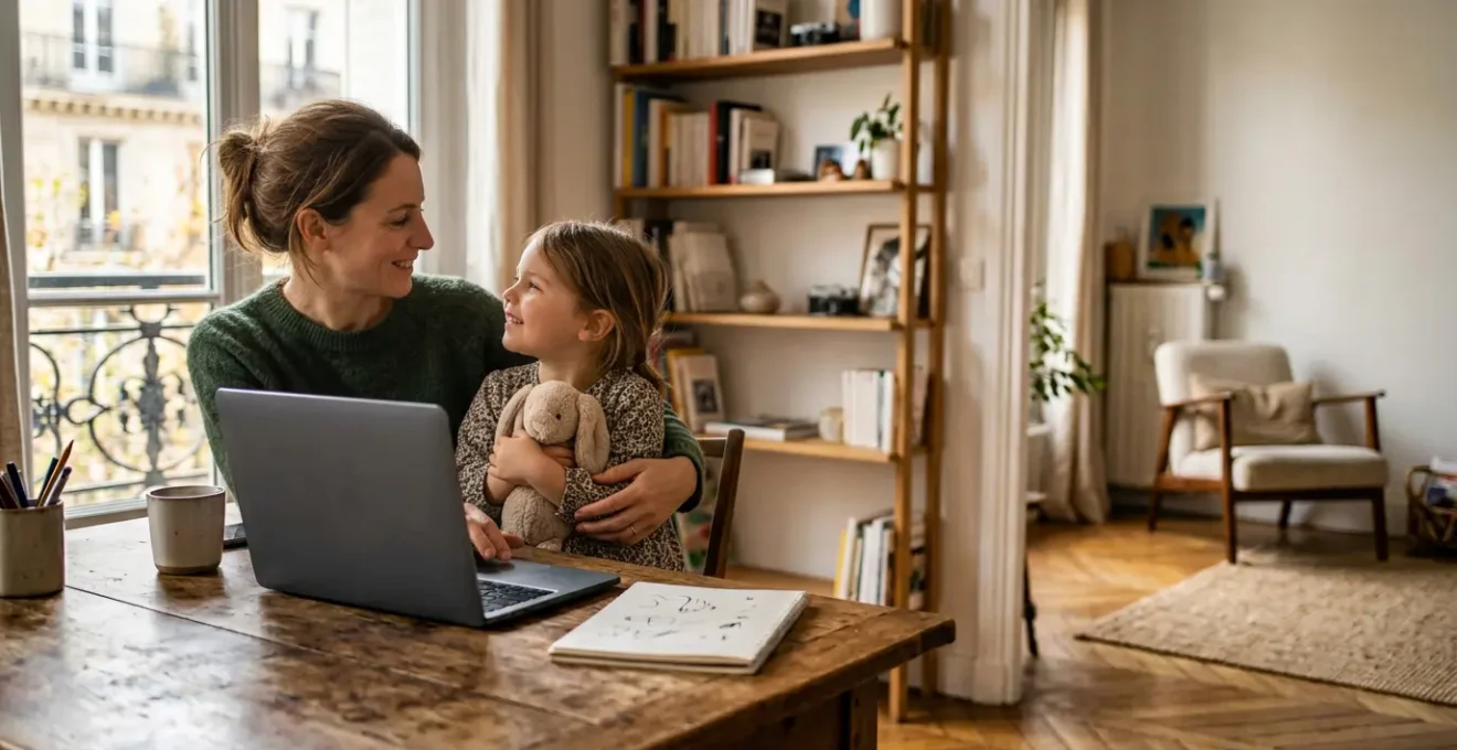 Parent seul jonglant entre ordinateur portable, cahiers d'école et enfants dans un intérieur lumineux contemporain français