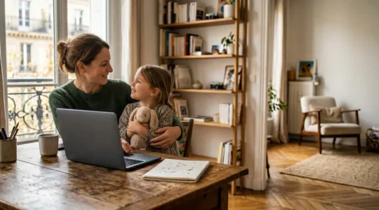 Parent seul jonglant entre ordinateur portable, cahiers d'école et enfants dans un intérieur lumineux contemporain français