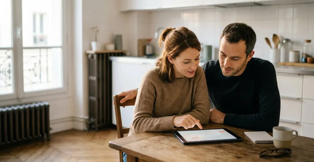 Couple travaillant ensemble sur l'organisation familiale dans un environnement domestique moderne