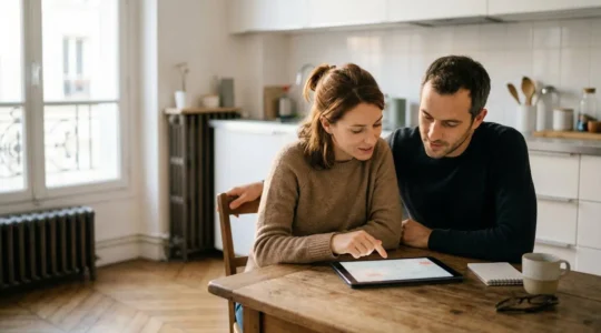 Couple travaillant ensemble sur l'organisation familiale dans un environnement domestique moderne