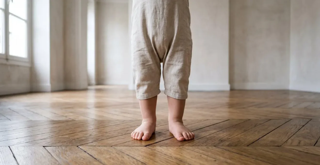 Gros plan sur les pieds d'un bébé explorant différentes textures au sol pieds nus