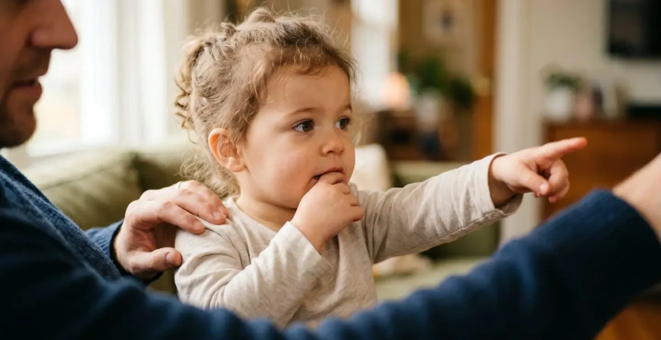 Enfant pointant du doigt un objet pour communiquer avec un adulte bienveillant