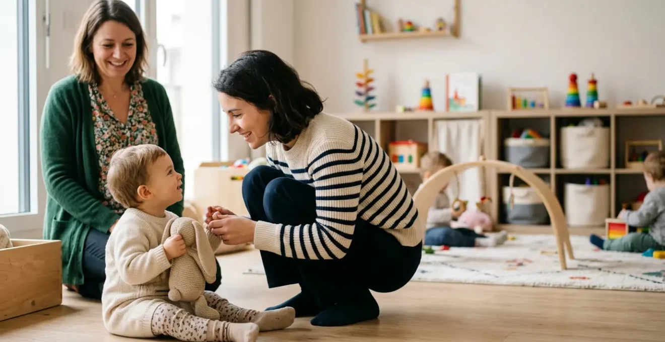 Parent accompagnant son jeune enfant lors de l'adaptation en crèche avec une professionnelle de la petite enfance