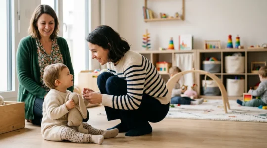 Parent accompagnant son jeune enfant lors de l'adaptation en crèche avec une professionnelle de la petite enfance