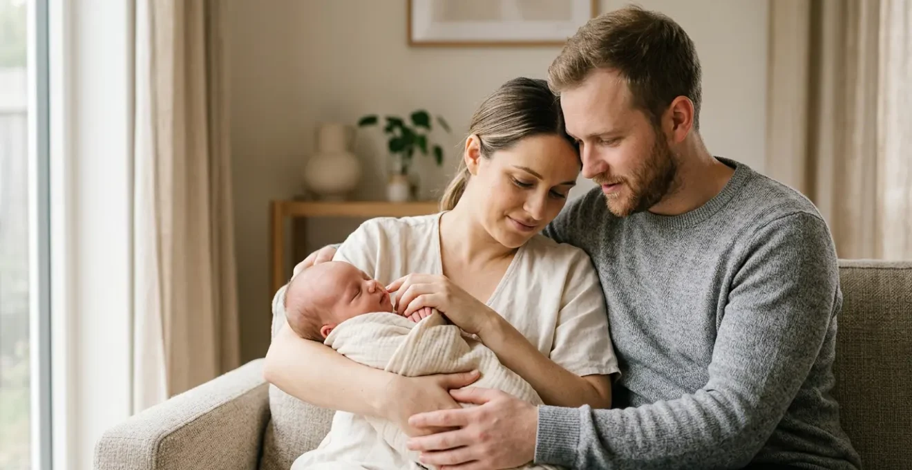 Parents avec nouveau-né dans une ambiance apaisante durant les premiers mois