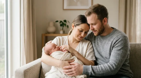 Parents avec nouveau-né dans une ambiance apaisante durant les premiers mois