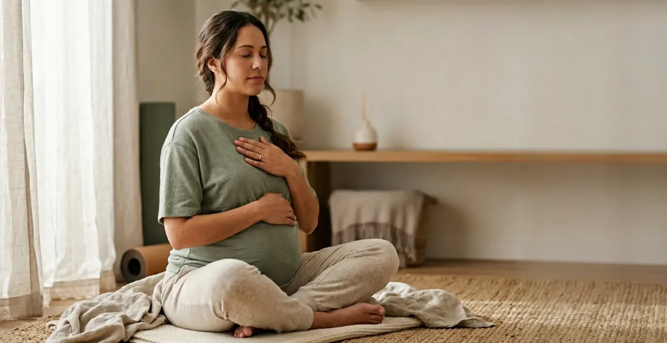 Femme enceinte pratiquant des exercices de respiration et visualisation pour se préparer à un accouchement sans péridurale