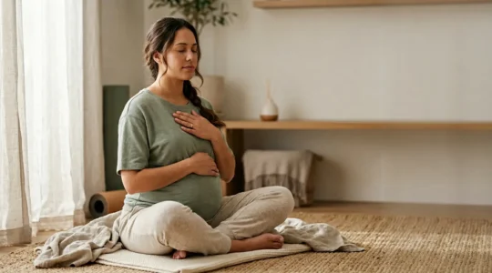 Femme enceinte pratiquant des exercices de respiration et visualisation pour se préparer à un accouchement sans péridurale