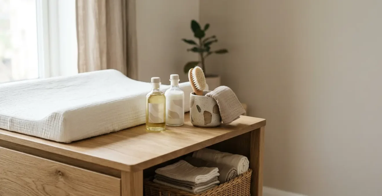 Vue éditoriale d'une table de change moderne avec produits de soin naturels pour bébé, lumière douce de fenêtre
