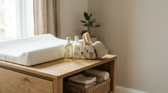 Vue éditoriale d'une table de change moderne avec produits de soin naturels pour bébé, lumière douce de fenêtre