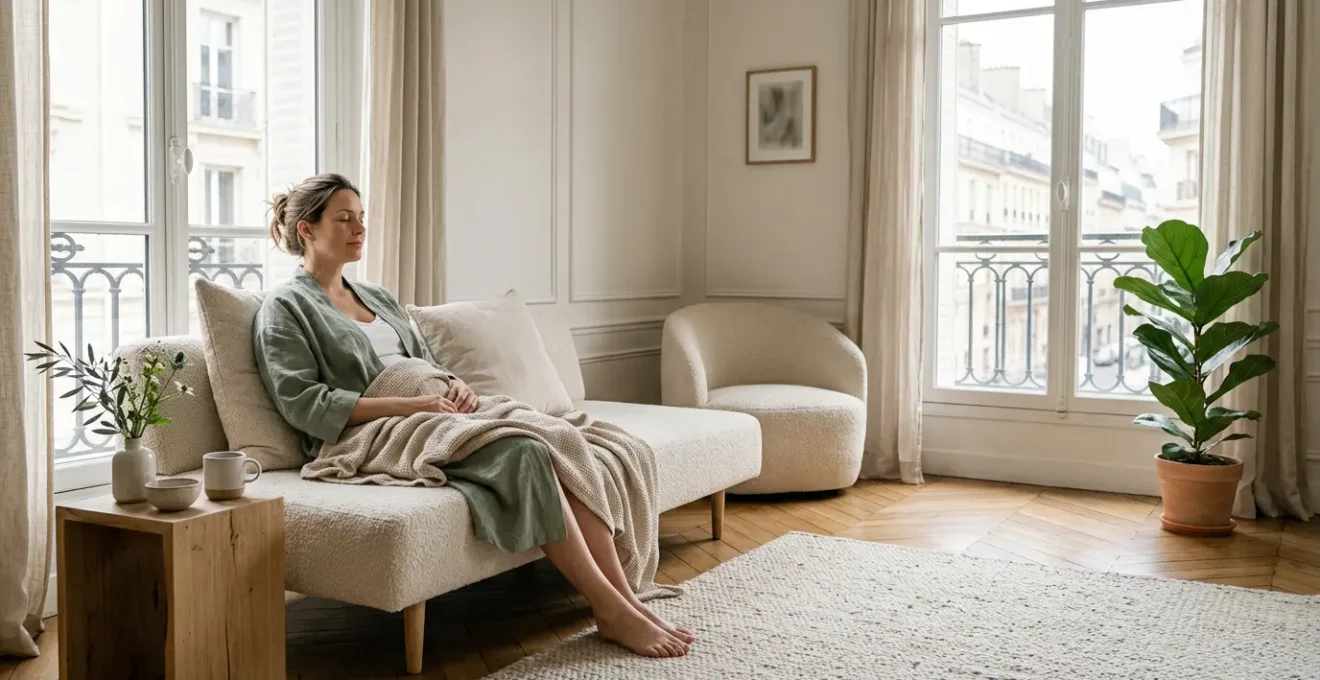 Jeune maman en pleine récupération physique post-accouchement dans un environnement serein