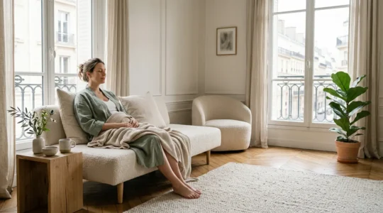 Jeune maman en pleine récupération physique post-accouchement dans un environnement serein