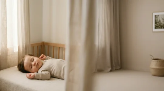 Bébé paisible endormi dans un environnement serein illustrant un rythme de sommeil équilibré