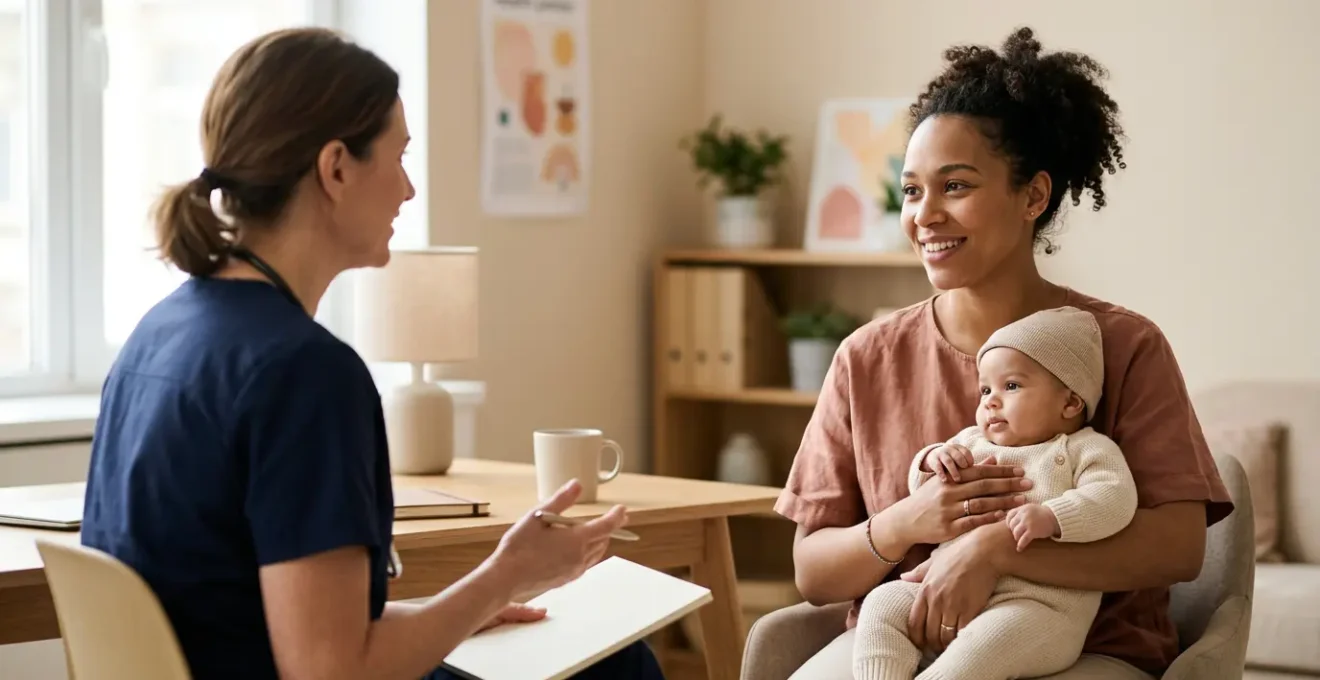 Parent consultant un professionnel de santé dans un centre PMI avec son bébé, ambiance chaleureuse et rassurante