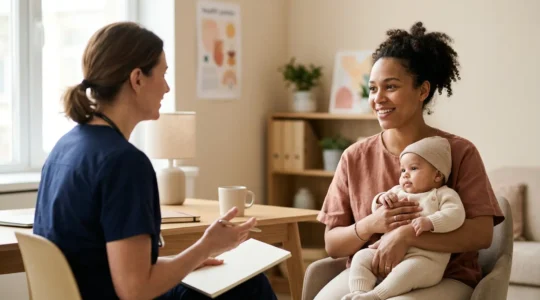 Parent consultant un professionnel de santé dans un centre PMI avec son bébé, ambiance chaleureuse et rassurante