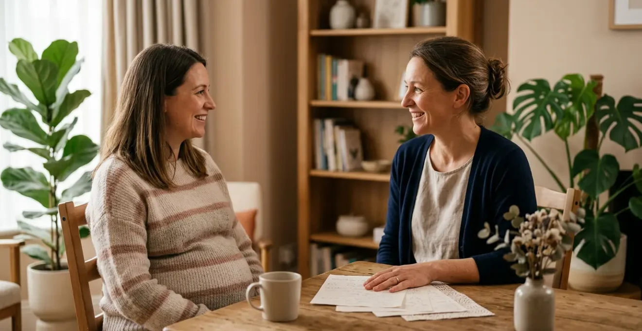 Sage-femme accompagnant une femme enceinte lors d'une consultation de suivi global dans un environnement chaleureux