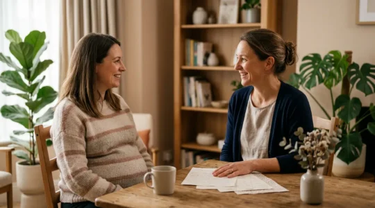 Sage-femme accompagnant une femme enceinte lors d'une consultation de suivi global dans un environnement chaleureux