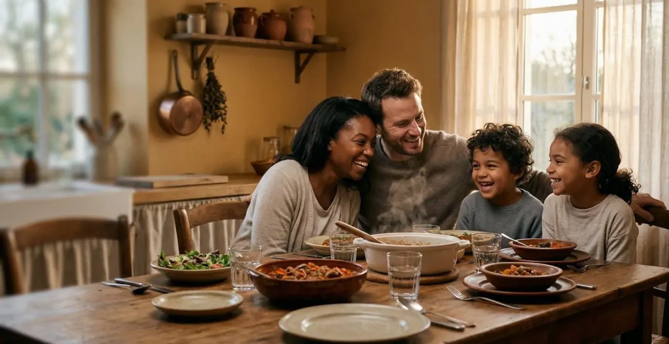 Famille rassemblée autour d'une table chaleureuse partageant un moment de complicité ensemble