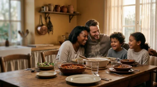 Famille rassemblée autour d'une table chaleureuse partageant un moment de complicité ensemble