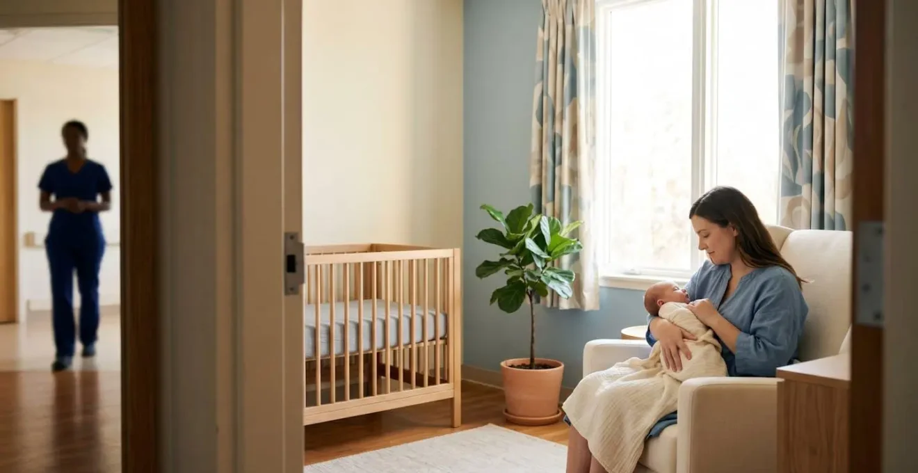Scène apaisante dans une unité mère-bébé montrant une mère avec son nourrisson dans un environnement de soin bienveillant
