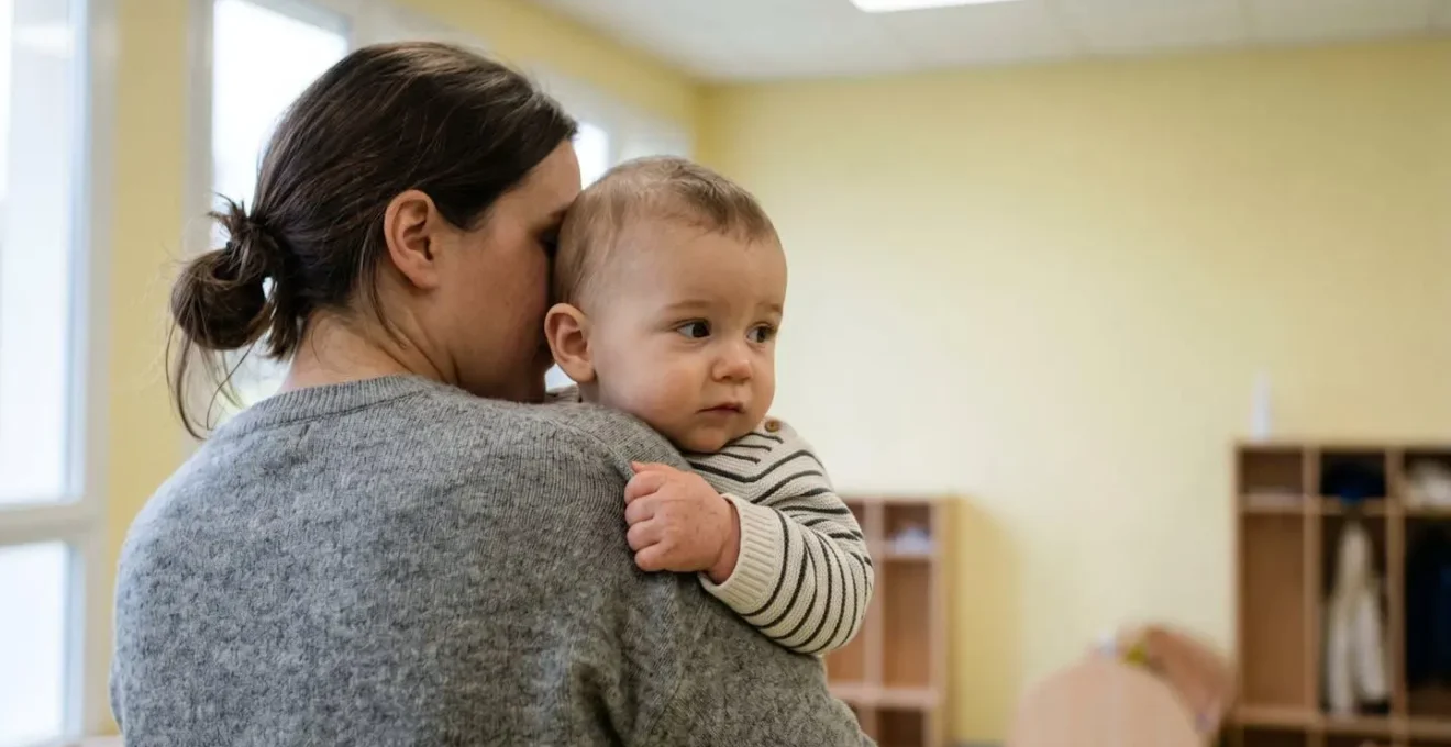 Bébé de 9 mois se blottissant contre son parent lors d'une première journée d'adaptation en crèche, illustrant l'angoisse de séparation