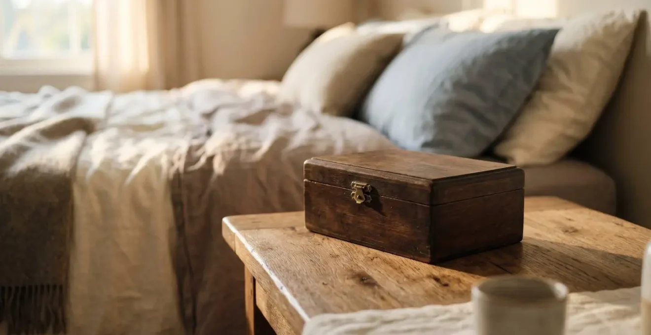 Une boîte décorative posée sur une table de chevet dans une lumière douce et intime
