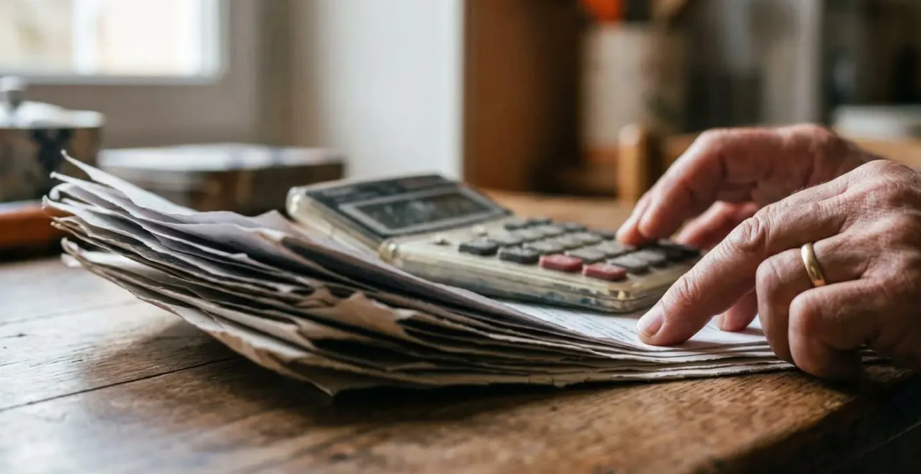 Mains de parent solo organisant documents administratifs et calculatrice sur table en bois dans lumière naturelle douce