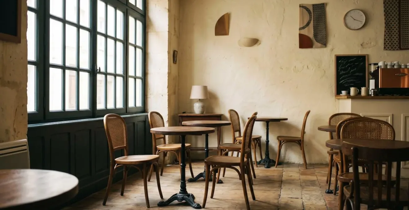 Ambiance chaleureuse d'un café français pour une première rencontre en toute sécurité