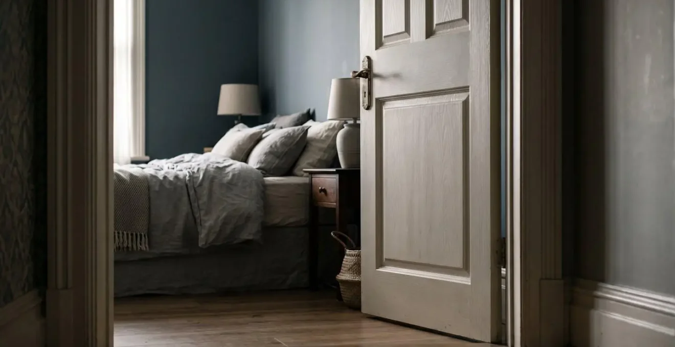 Porte de chambre entrouverte révélant un espace intime et apaisant réservé au couple