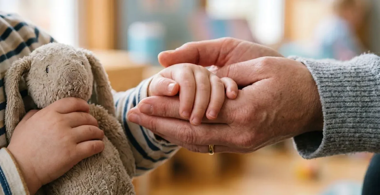 Professionnelle de la petite enfance réconfortant un jeune enfant avec douceur dans un environnement sécurisant