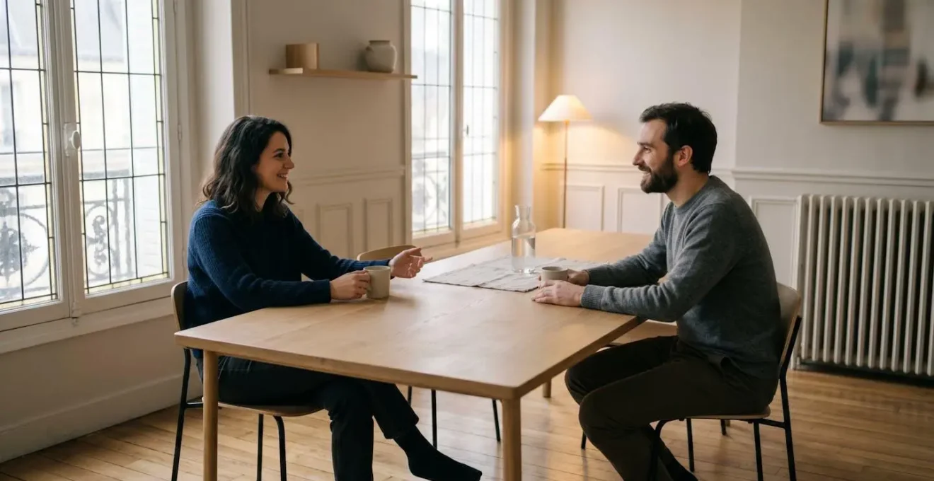 Couple se regardant et discutant calmement dans un espace épuré, smartphones absents