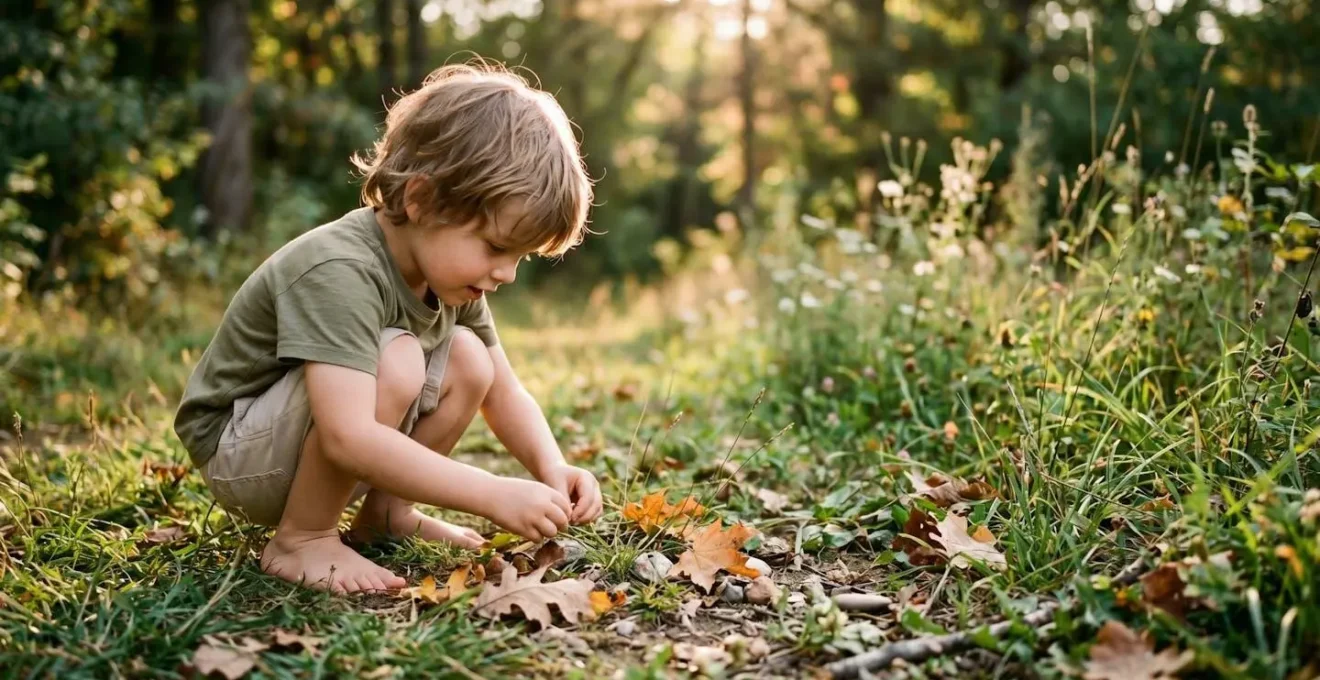 Enfant explorant librement un environnement naturel extérieur, pieds nus sur l'herbe
