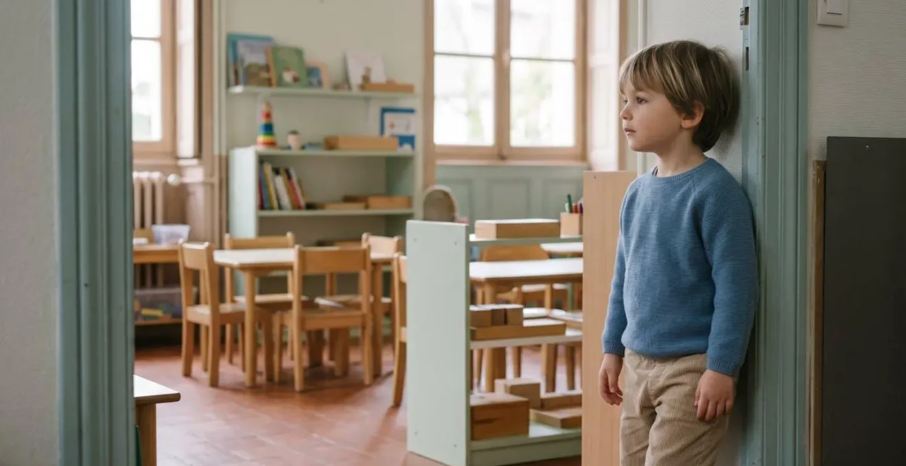 Jeune enfant observant calmement son environnement depuis le seuil d'une classe de maternelle