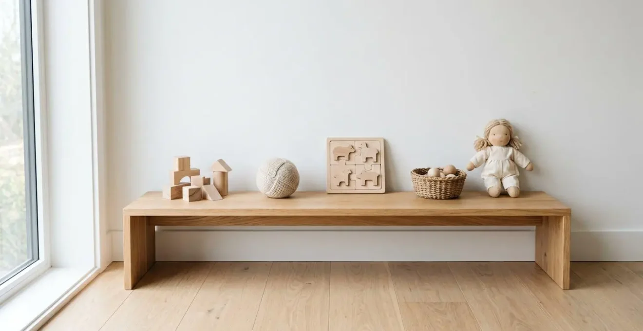 Étagère basse épurée avec seulement cinq jouets en bois disposés harmonieusement